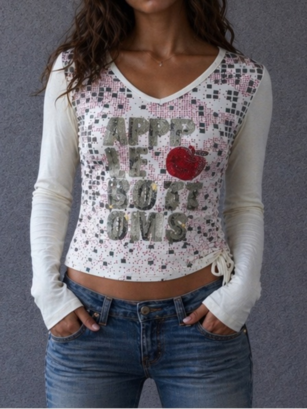 Y2K Apple Bottoms White Graphic Long Sleeve